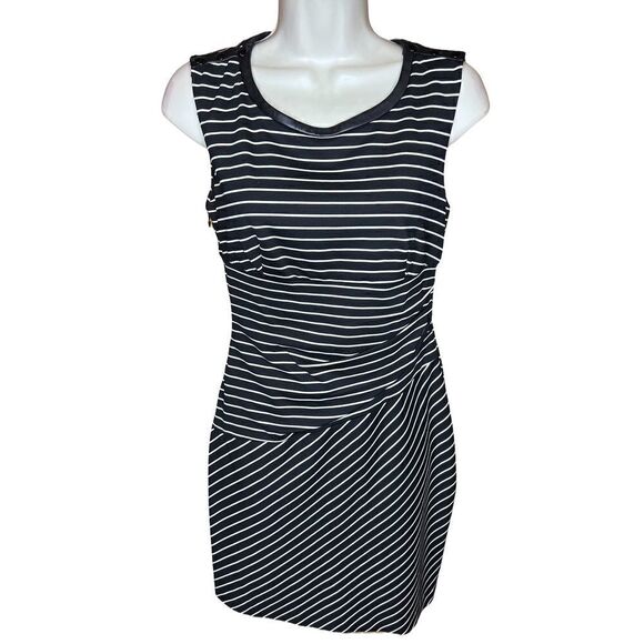 Cynthia Steffe Black Dress W/ White Stripes W/ Leather Trim Size 0 - Picture 1 of 6